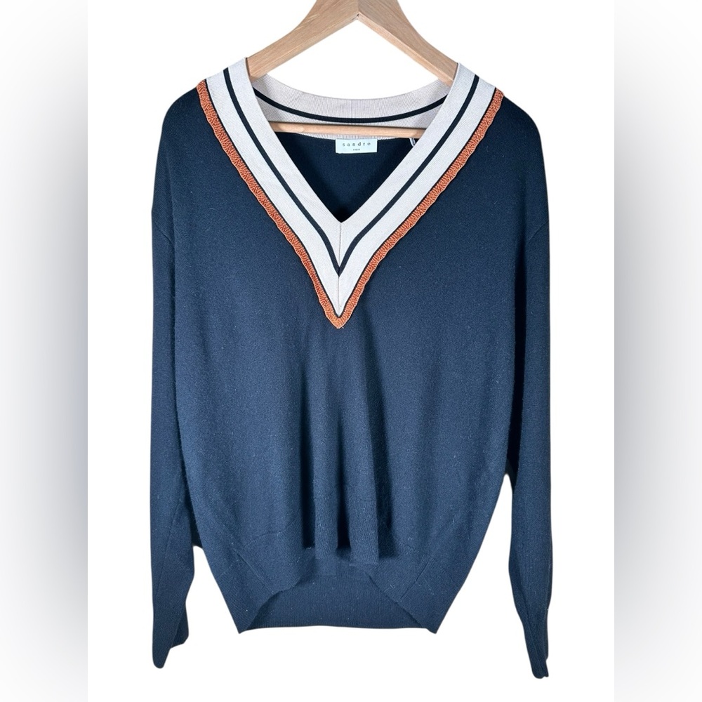 Sandro Colle Striped Neck Wool & Cashmere Sweater - Picture 3 of 12